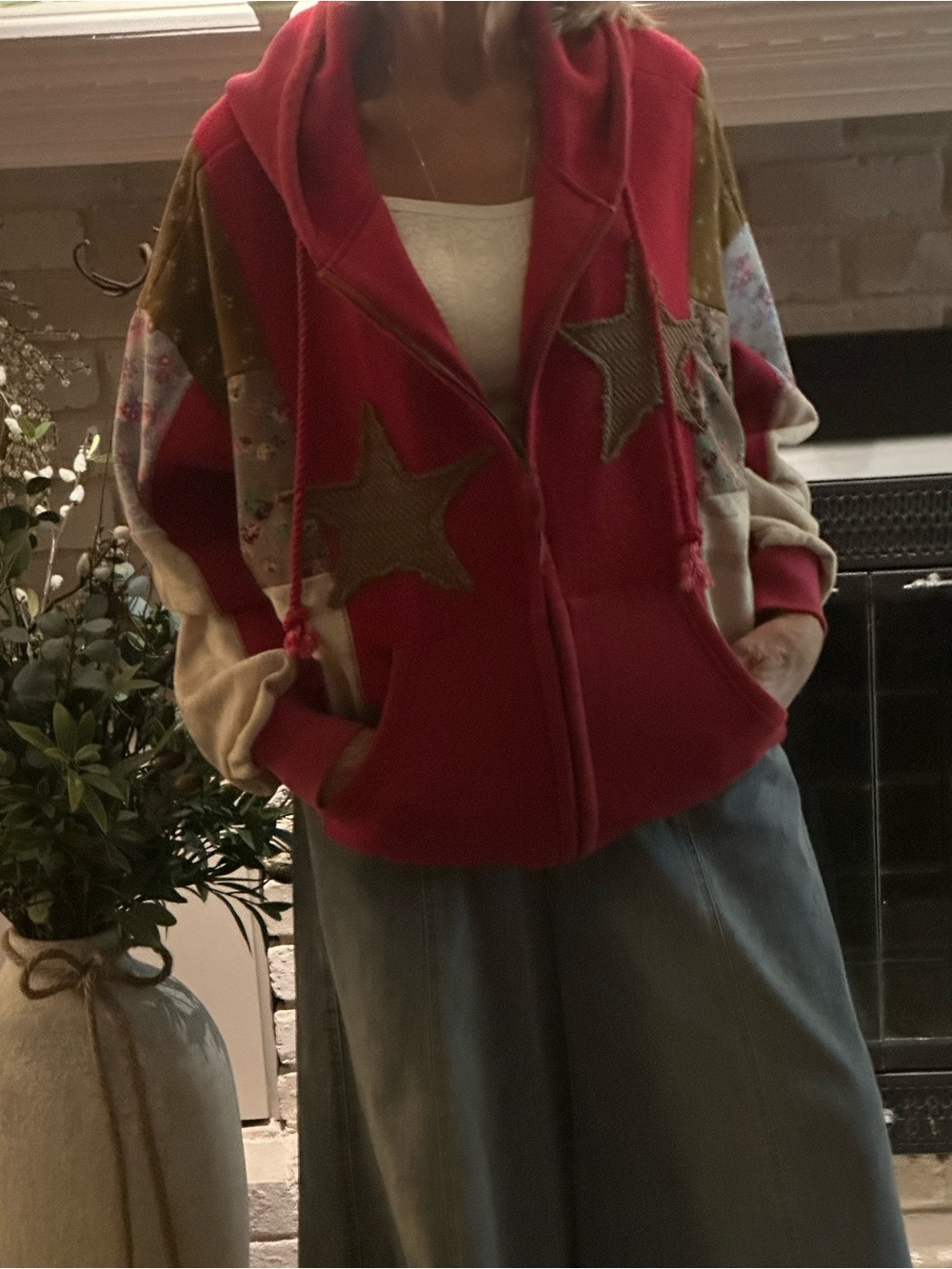 easel Red Patchwork Star Bomber Hoodie Jacket